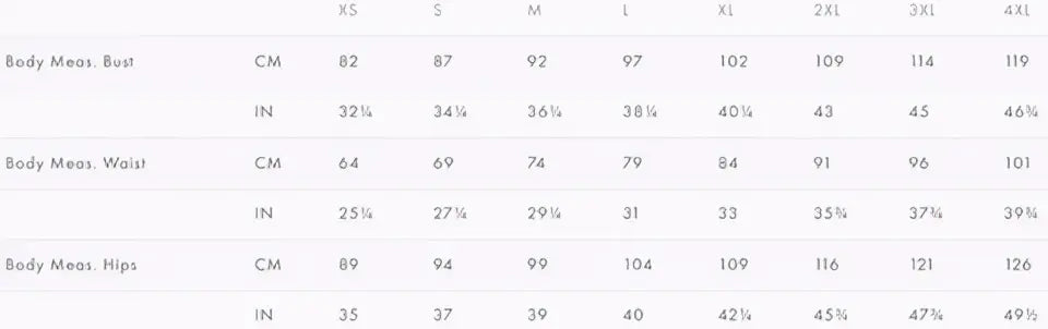 Size chart showing body bust, waist and hip measurements in centimetres and inches for XS to 4XL